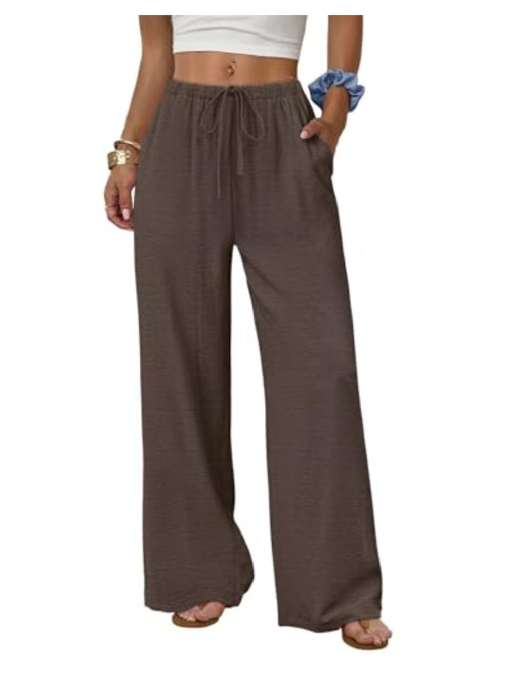 Flowy Wide Leg Palazzo Pants with Pockets Drawstring Elastic Waist Summer Lounge